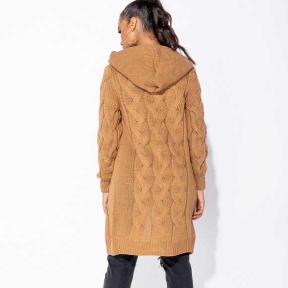 Brown Cable Knit Long Sleeve Open Front Hoodie Hooded Midi Cardigan Sweater - Picture 5 of 8